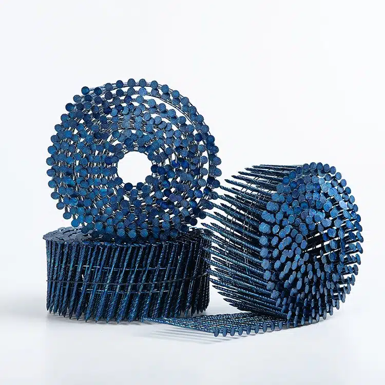 Blue coated screw shank coil nails designed for high holding power, corrosion resistance, and industrial nailing applications.