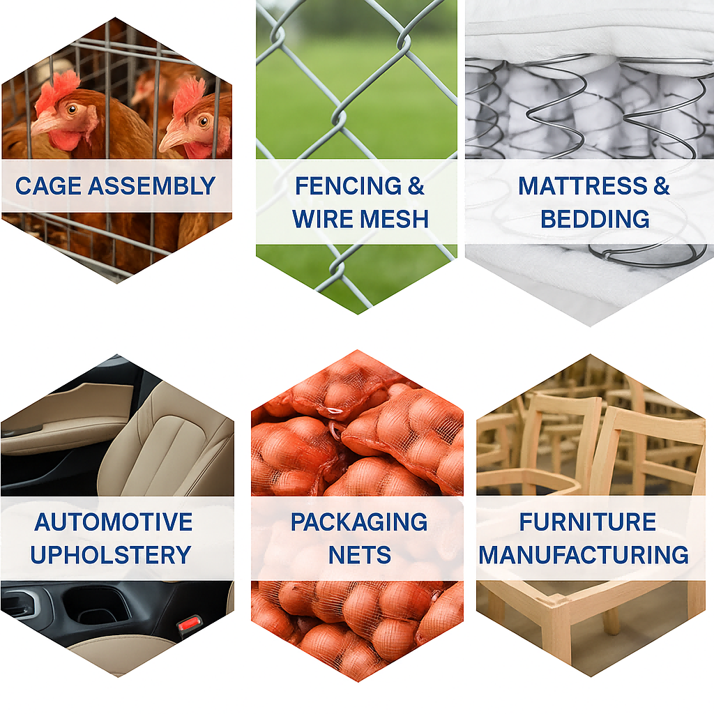 C hog ring applications in fencing, cage assembly, mattress, upholstery, packaging, and furniture manufacturing
