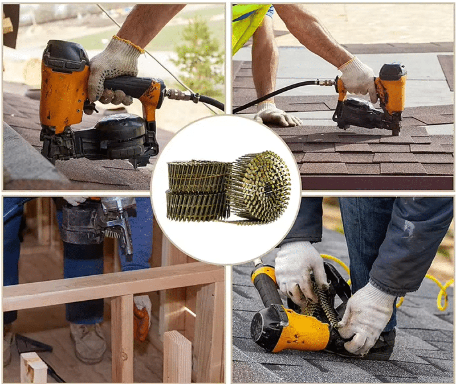 Coil nails used with pneumatic nail guns for roofing installation, wooden framing, and structural construction work.