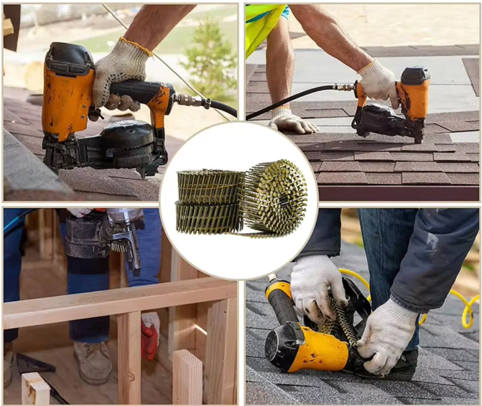 Coil nails used with pneumatic nail guns for roofing installation, wooden framing, and structural construction work.
