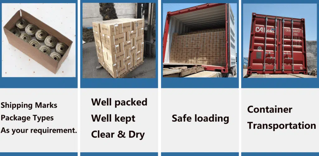 Coil nails packing and shipping process showing carton packaging, pallet stacking, safe container loading, and secure transportation.