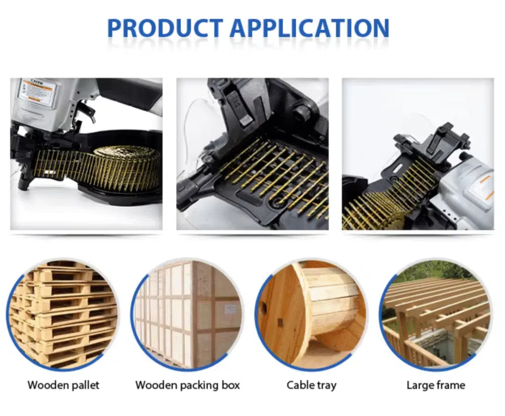 Coil nails used with nail guns for wooden pallet making, packing boxes, cable trays, and large frame construction