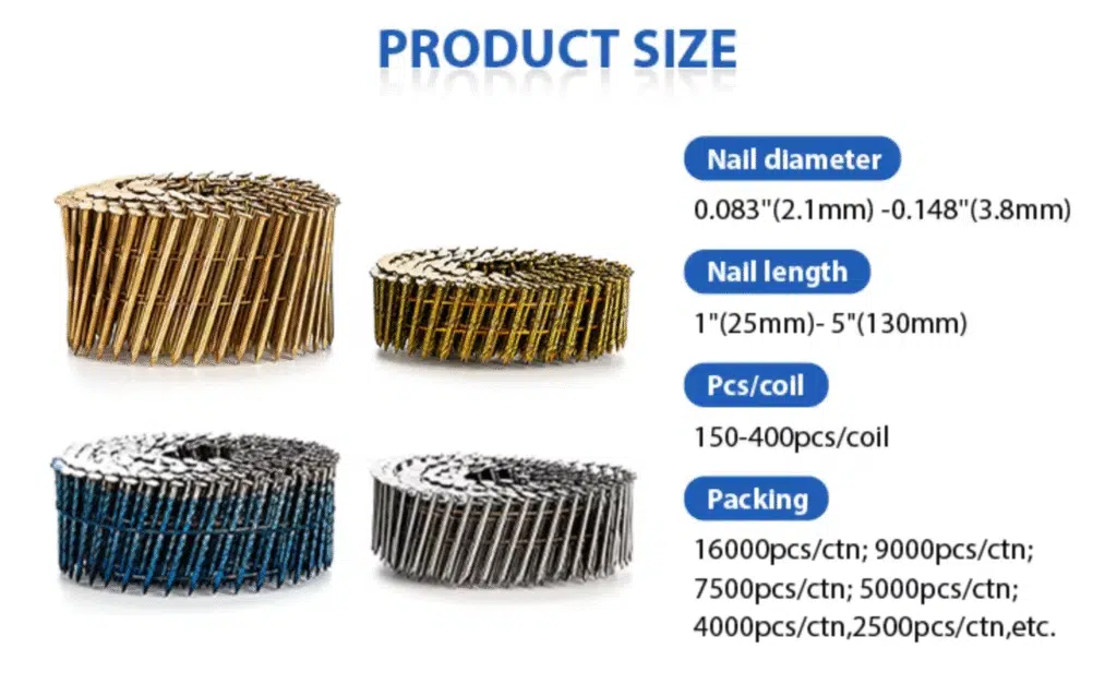 Coil nails product size chart showing nail diameter, length, packing quantity, and coil count for industrial applications.