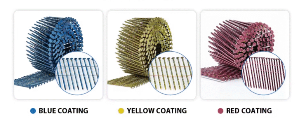 Blue, yellow, and red color coated coil nails for different surface finishes and anti-rust performance.