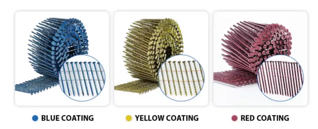 Blue, yellow, and red color coated coil nails for different surface finishes and anti-rust performance.