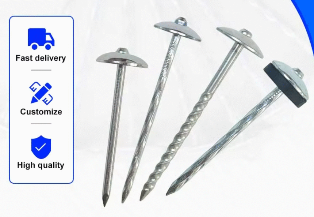 High quality umbrella roofing nails showing smooth and twisted shank designs with fast delivery and customization service.