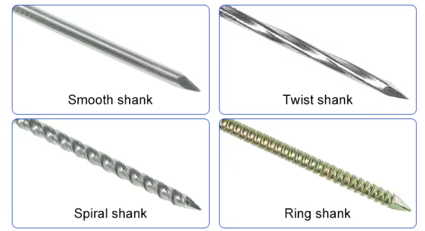 Comparison image showing smooth shank, twist shank, spiral shank, and ring shank umbrella roofing nails used for roofing installation.
