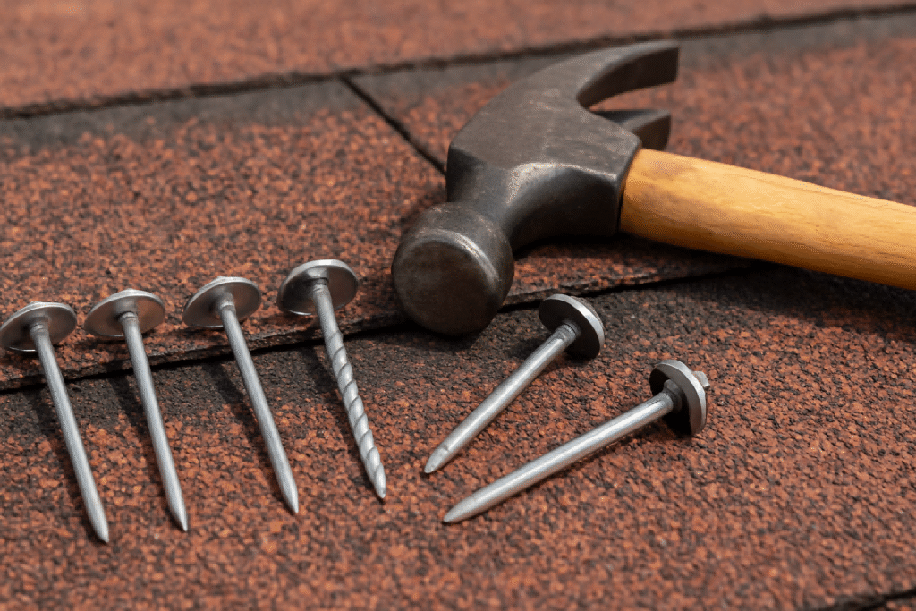 Umbrella roofing nails and hammer on asphalt shingle roof showing real installation scene.