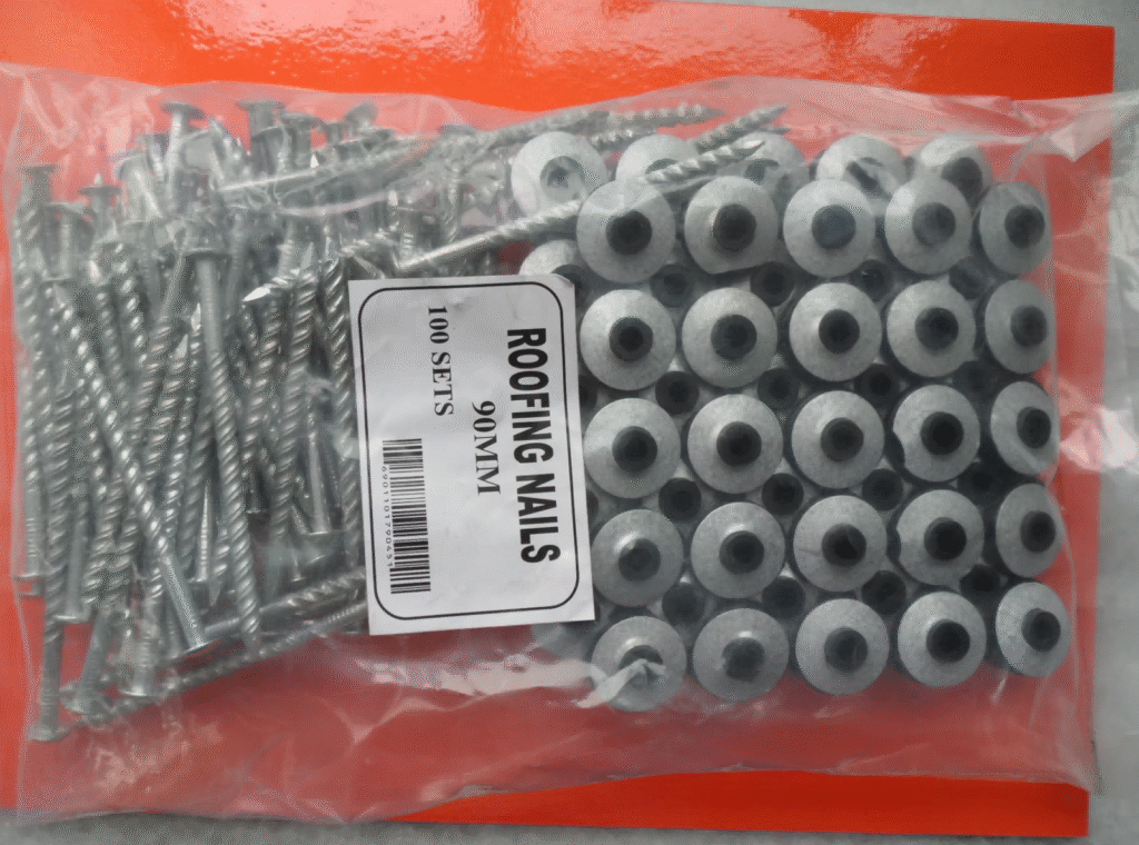 Plastic bag packaging of umbrella roofing nails 90mm, 100 sets per pack, ready for shipment.