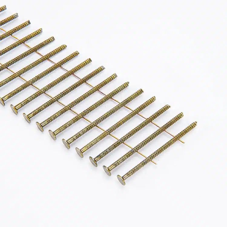 Wire collated full ring shank nails with no point for pallet making, framing, and woodworking.