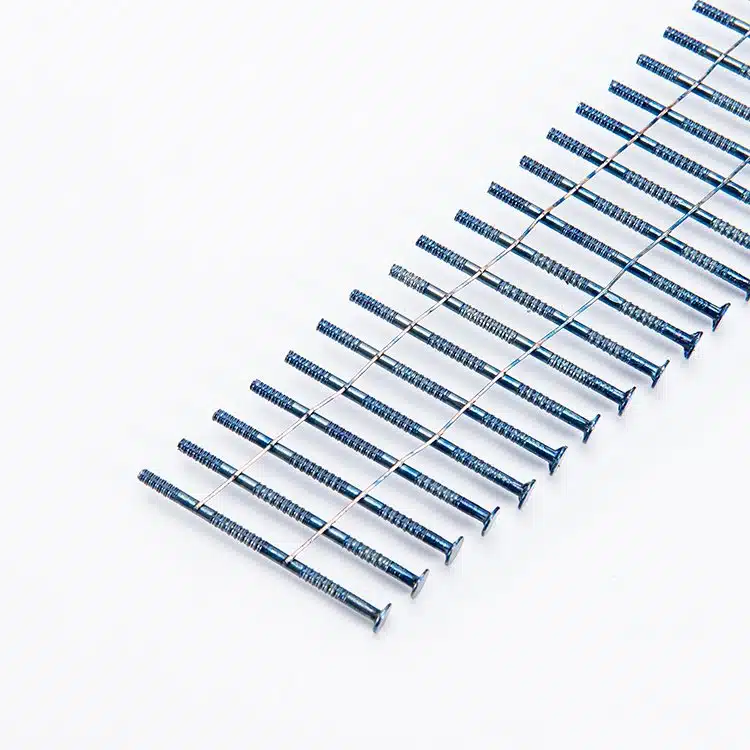 Wire collated ring nails with blue surface finish for pallet making, framing, and woodworking applications.