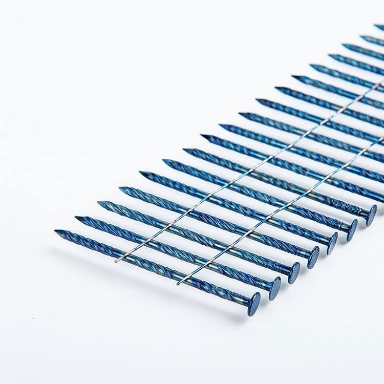 Wire collated screw nails with blue finish for high-strength fastening in construction and woodworking.