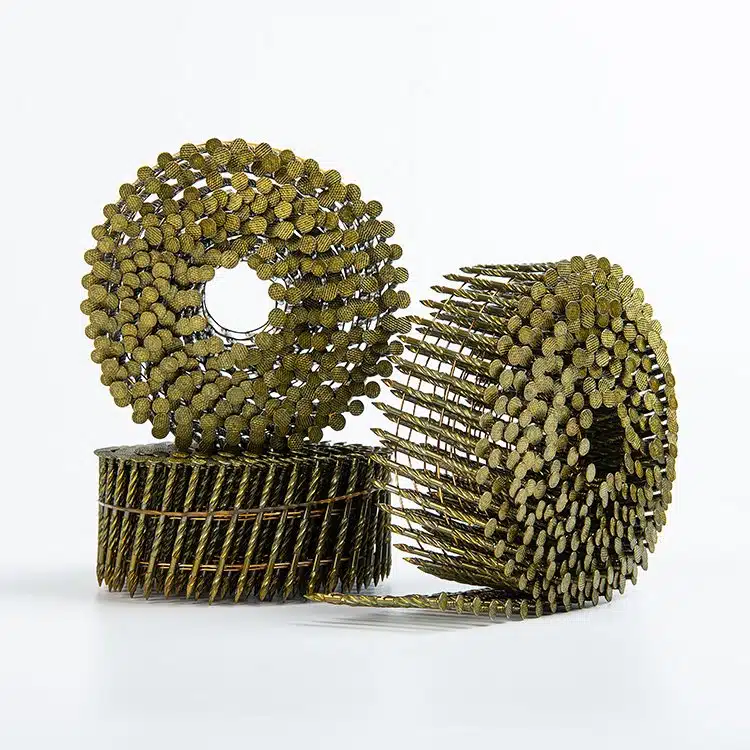 Yellow coated screw shank coil nails designed for strong grip, anti-rust performance, and industrial wood fastening.