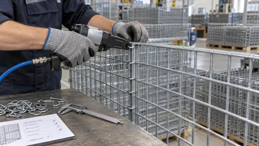 C hog rings closing a galvanized wire-mesh cage panel joint