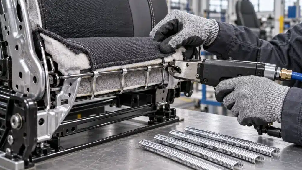 Technician trialing C hog rings on an automotive seat trim assembly