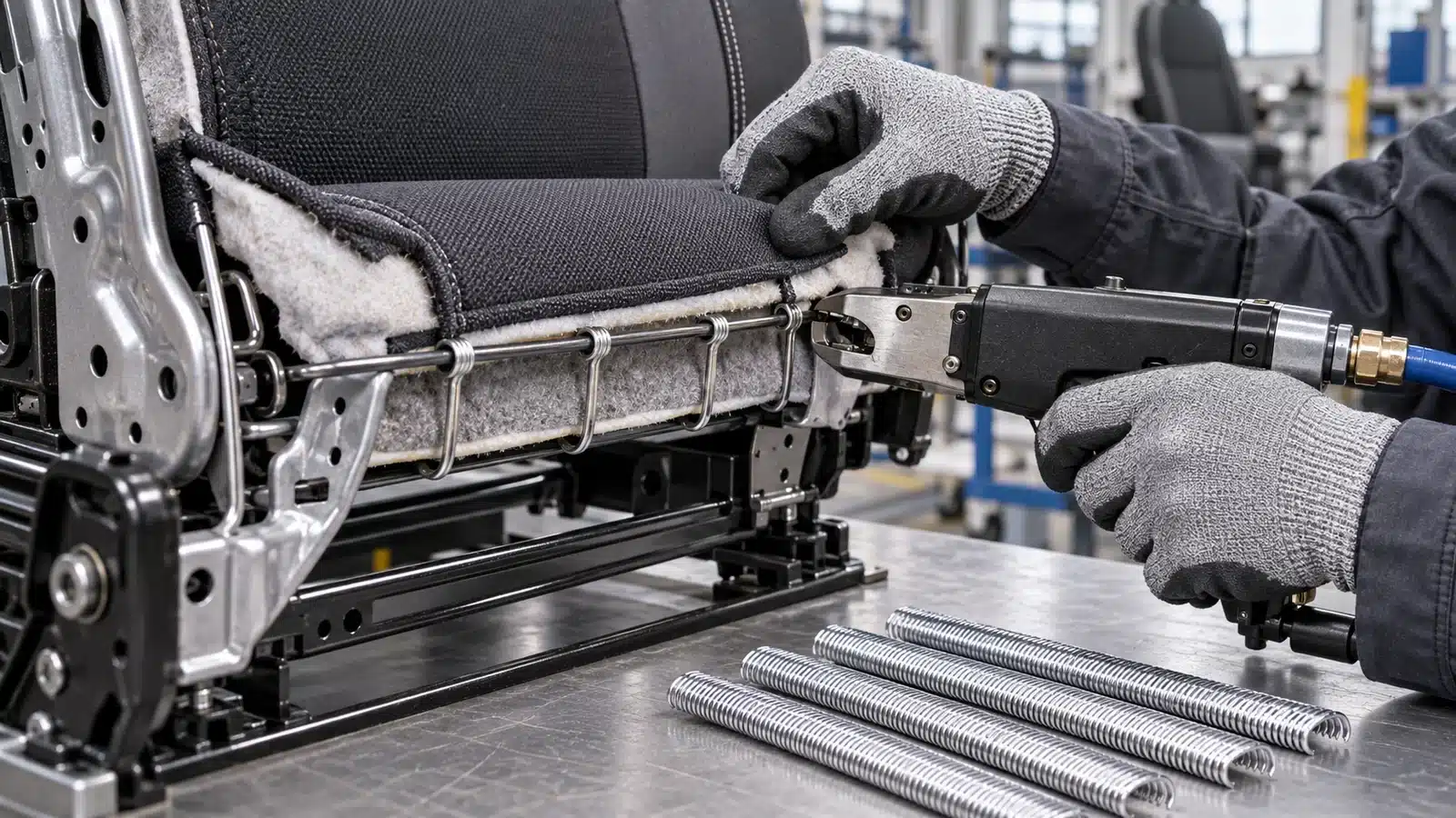 Technician trialing C hog rings on an automotive seat trim assembly