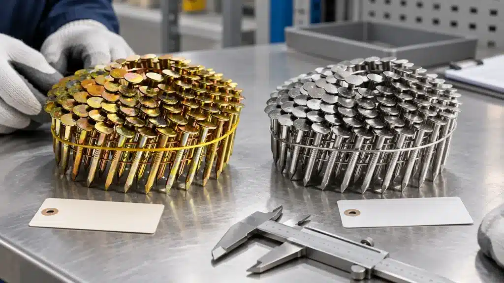 Carbon-steel and stainless big-head coil nail samples on an inspection bench