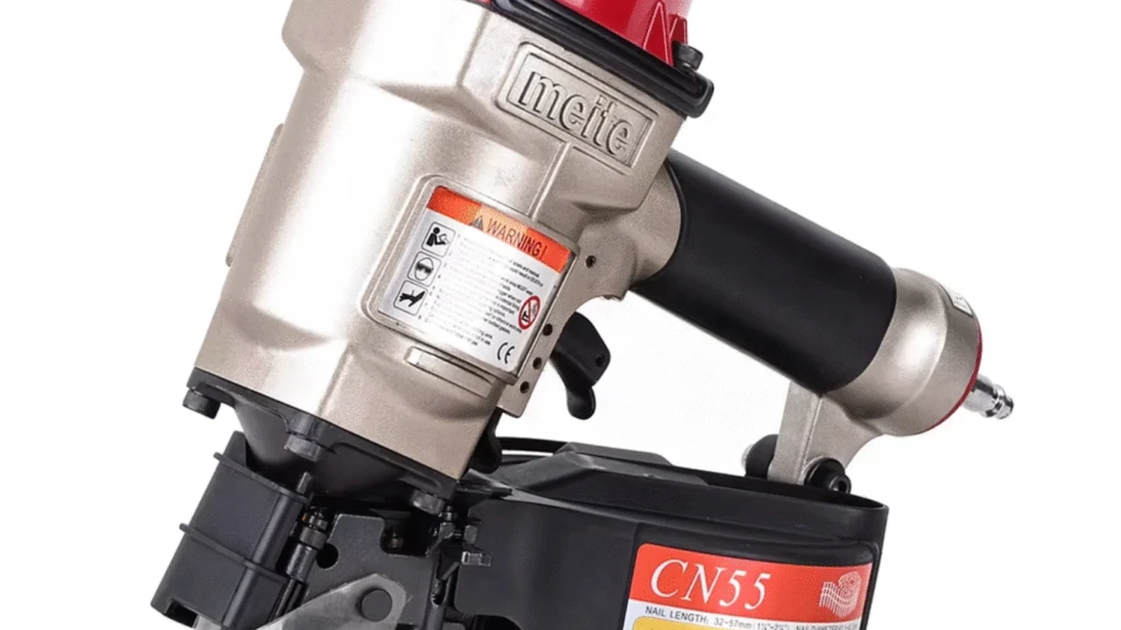 Close view of a CN-series coil nailer body and coil magazine