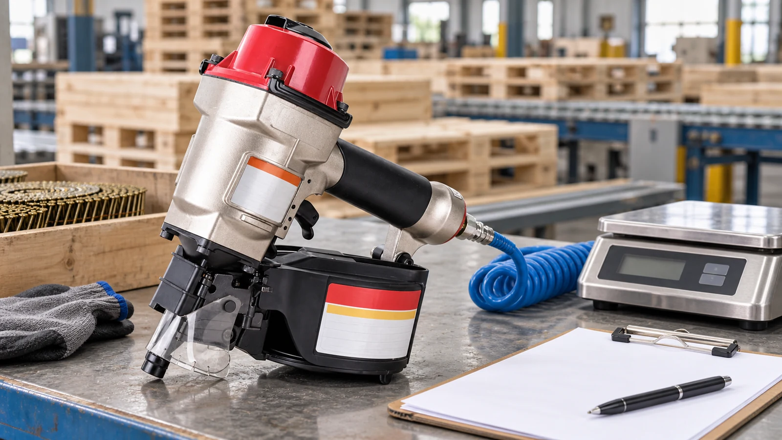 CN-series pneumatic coil nailer beside a scale at a pallet-production workstation