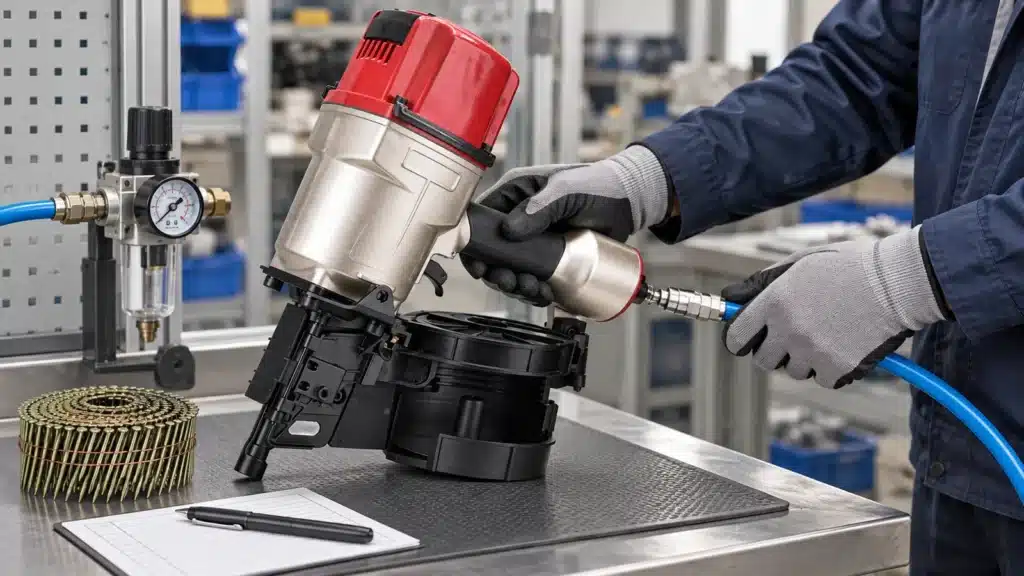 CN100B coil nailer connected to a regulated air-system trial bench