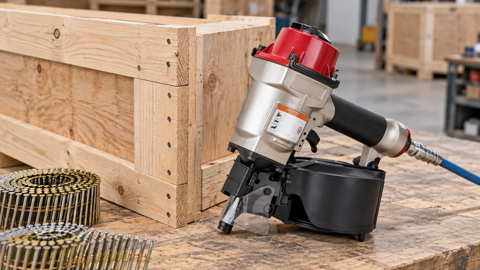 CN-series coil nailer at a wooden crate assembly workstation