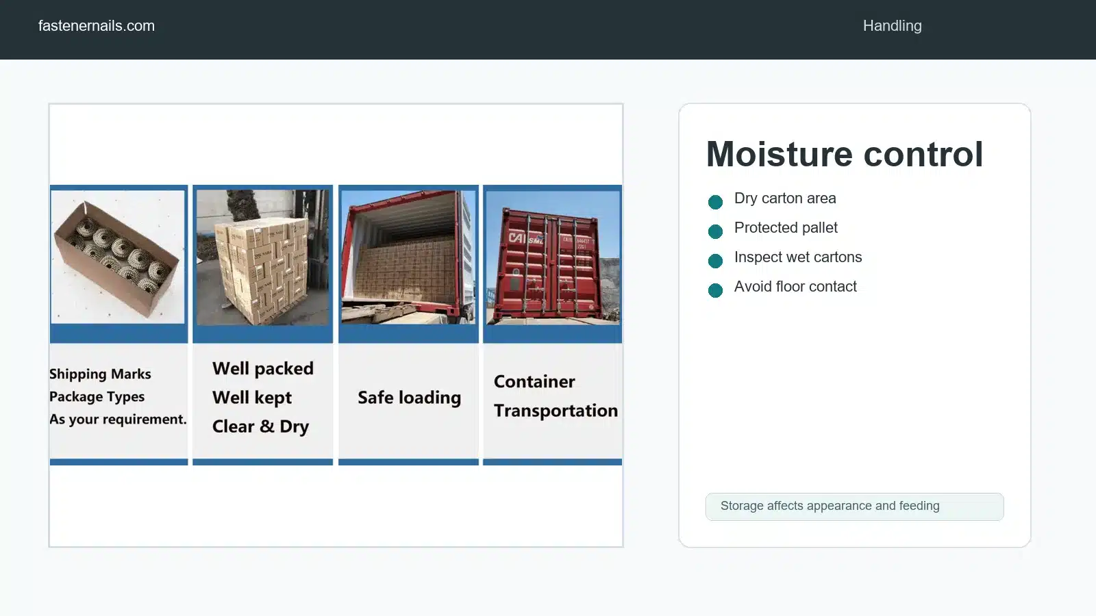 Coil nail carton moisture protection check before warehouse storage