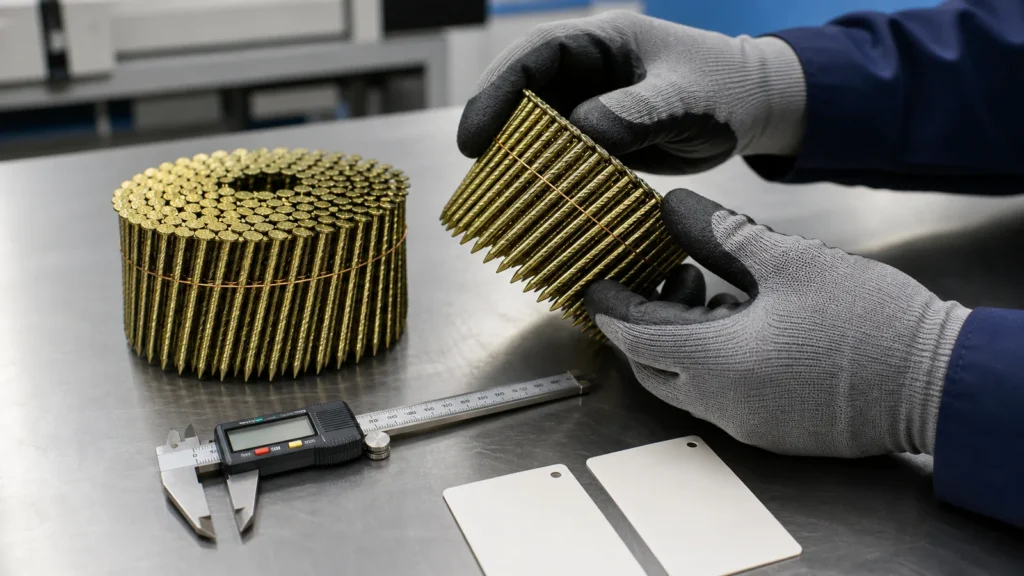 Technician comparing wire-collated coil nail samples with a digital caliper
