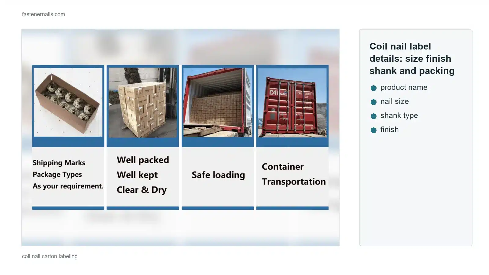 Coil nail label details for size finish shank and packing