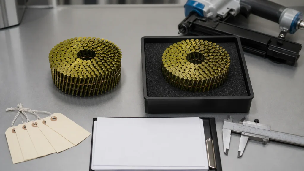 Wire-collated coil nail sample tray with blank revision documents and a coil nailer