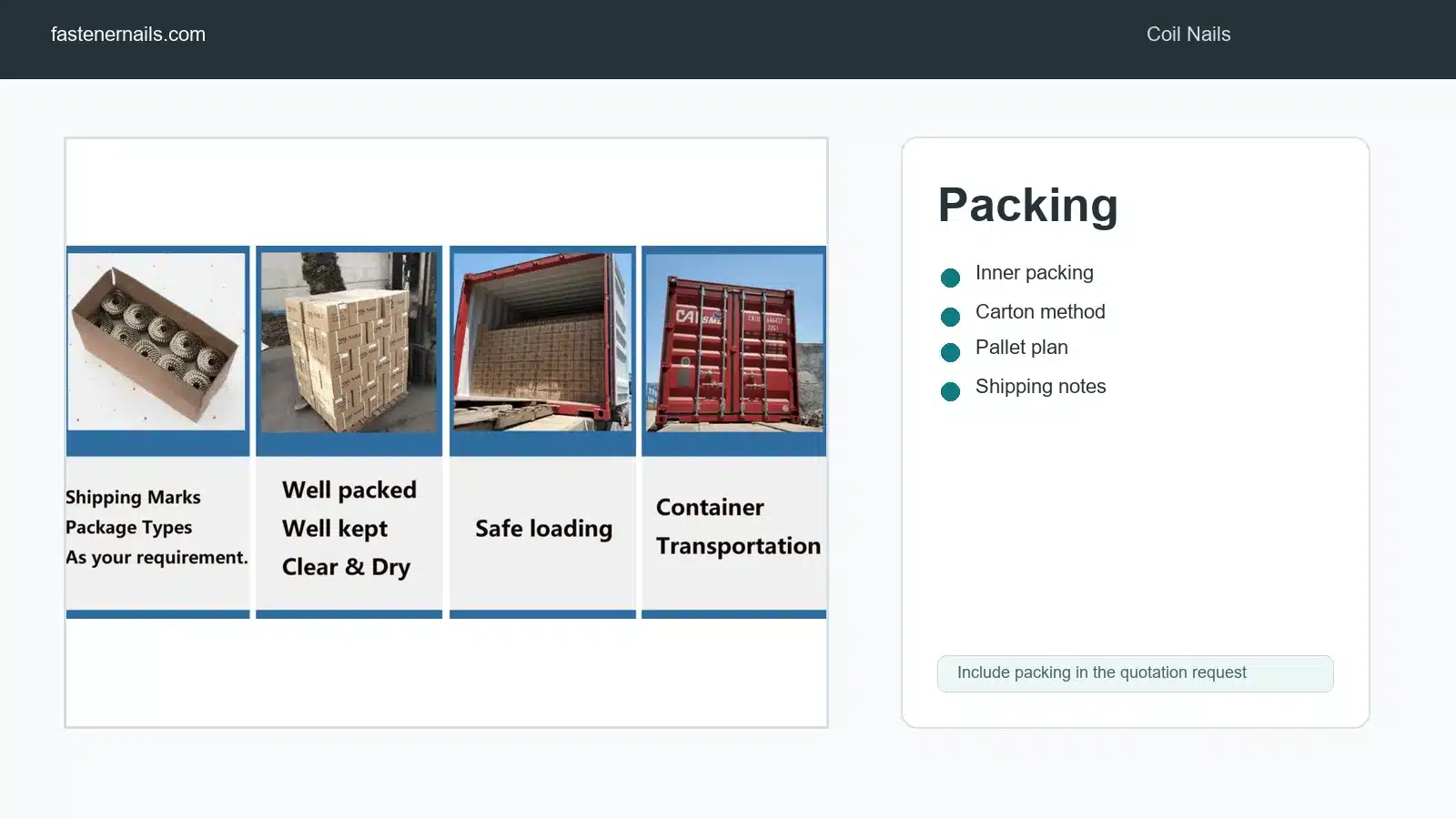 Coil nail RFQ packing and shipment details for export orders