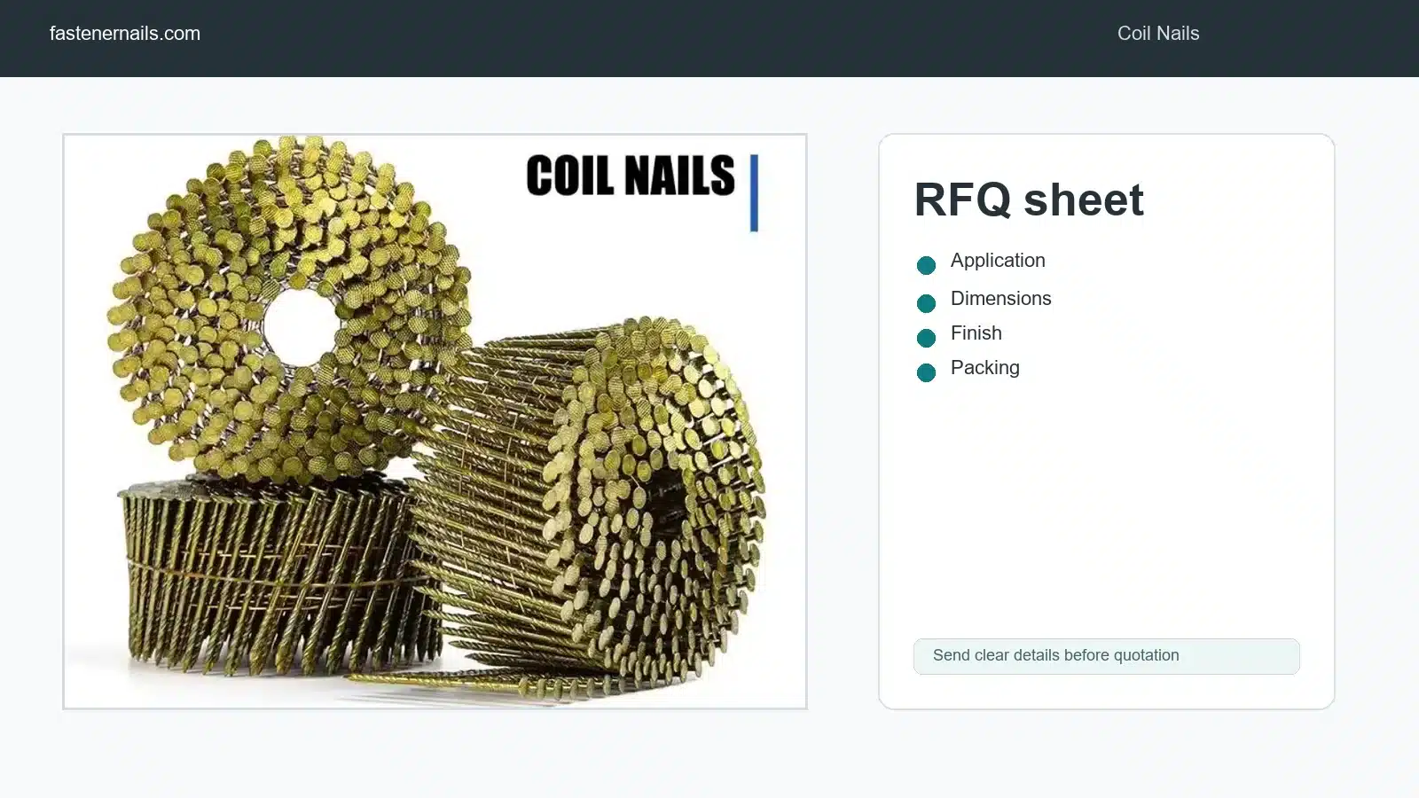 Coil nail RFQ specification sheet with sample coil and order details