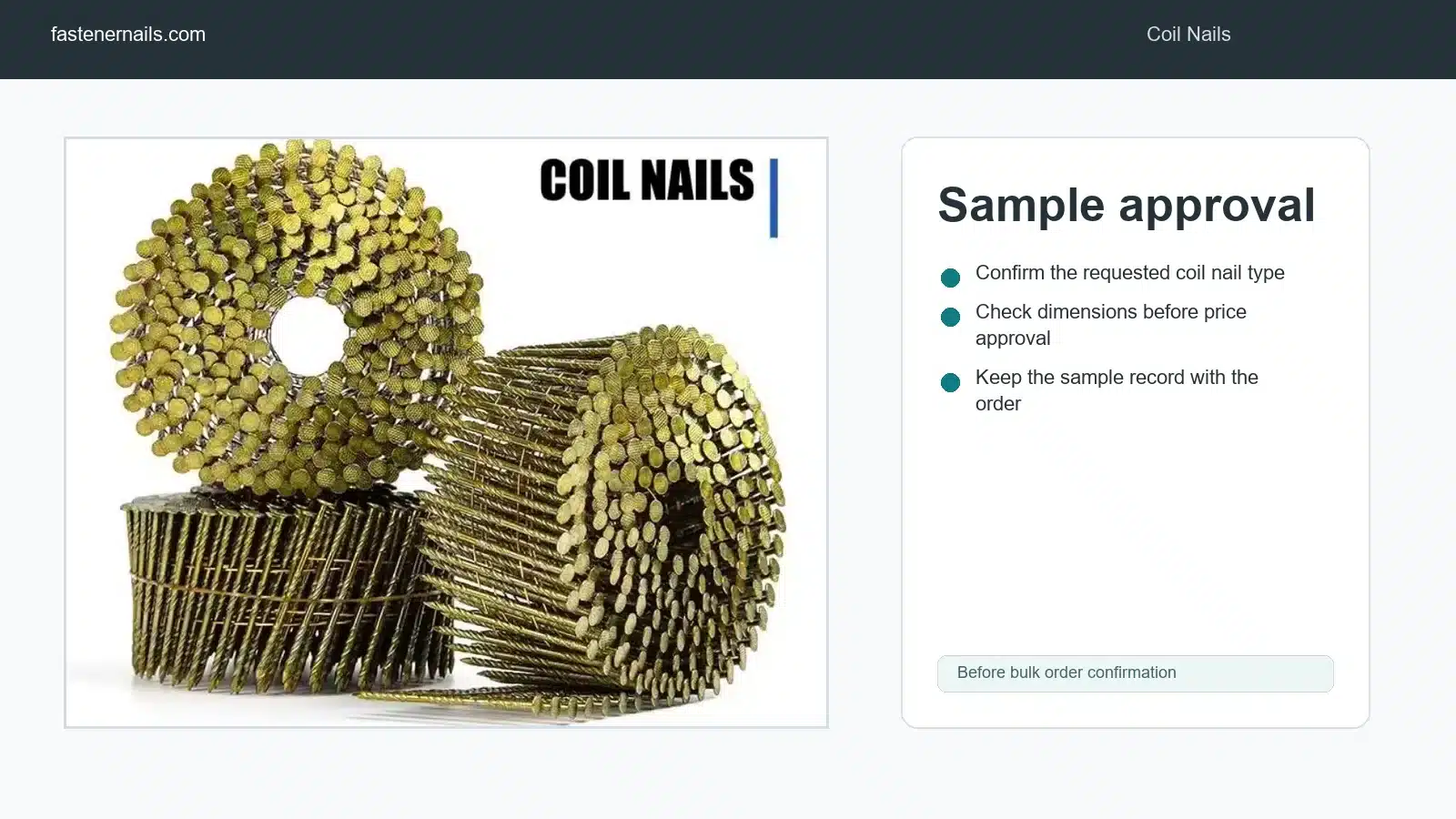 Coil nail sample approval workbench with dimensions and finish checks