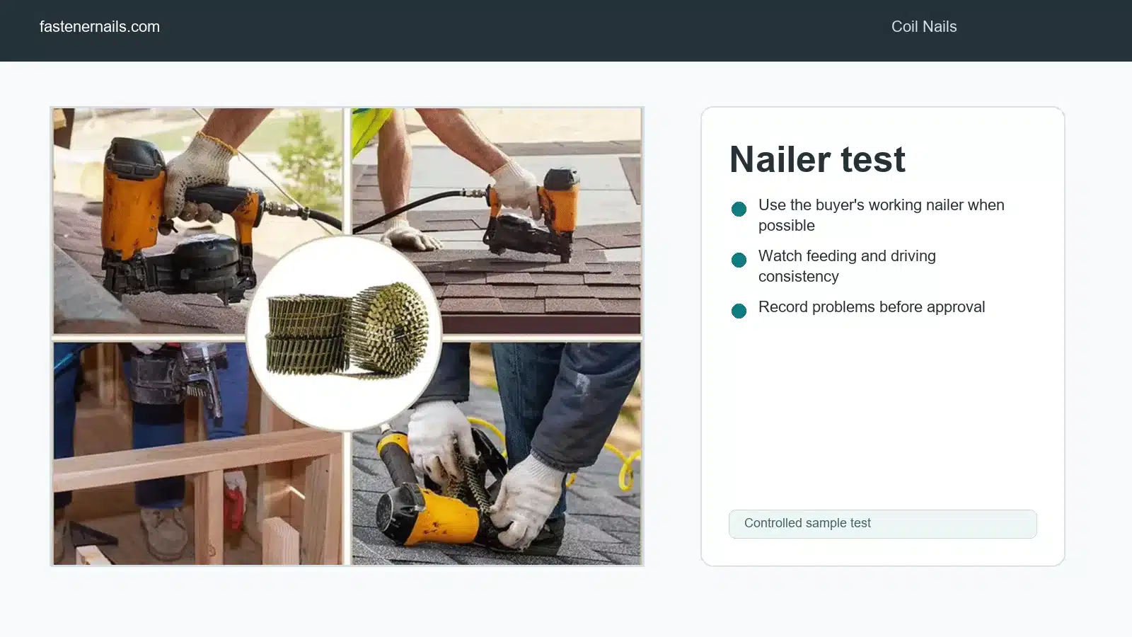 Coil nailer sample test on wood board for driving consistency