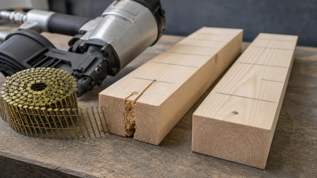 Coil nail trial samples showing board-end splitting variables and intact comparison joints