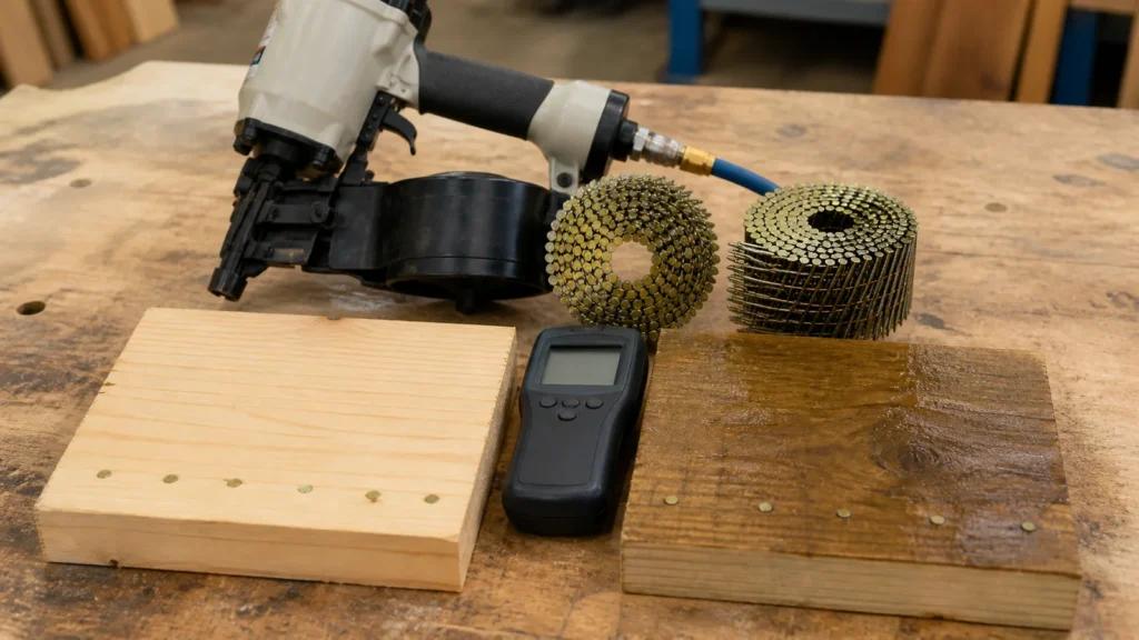 Wire-collated coil nails with grouped lumber samples for a moisture-condition production trial