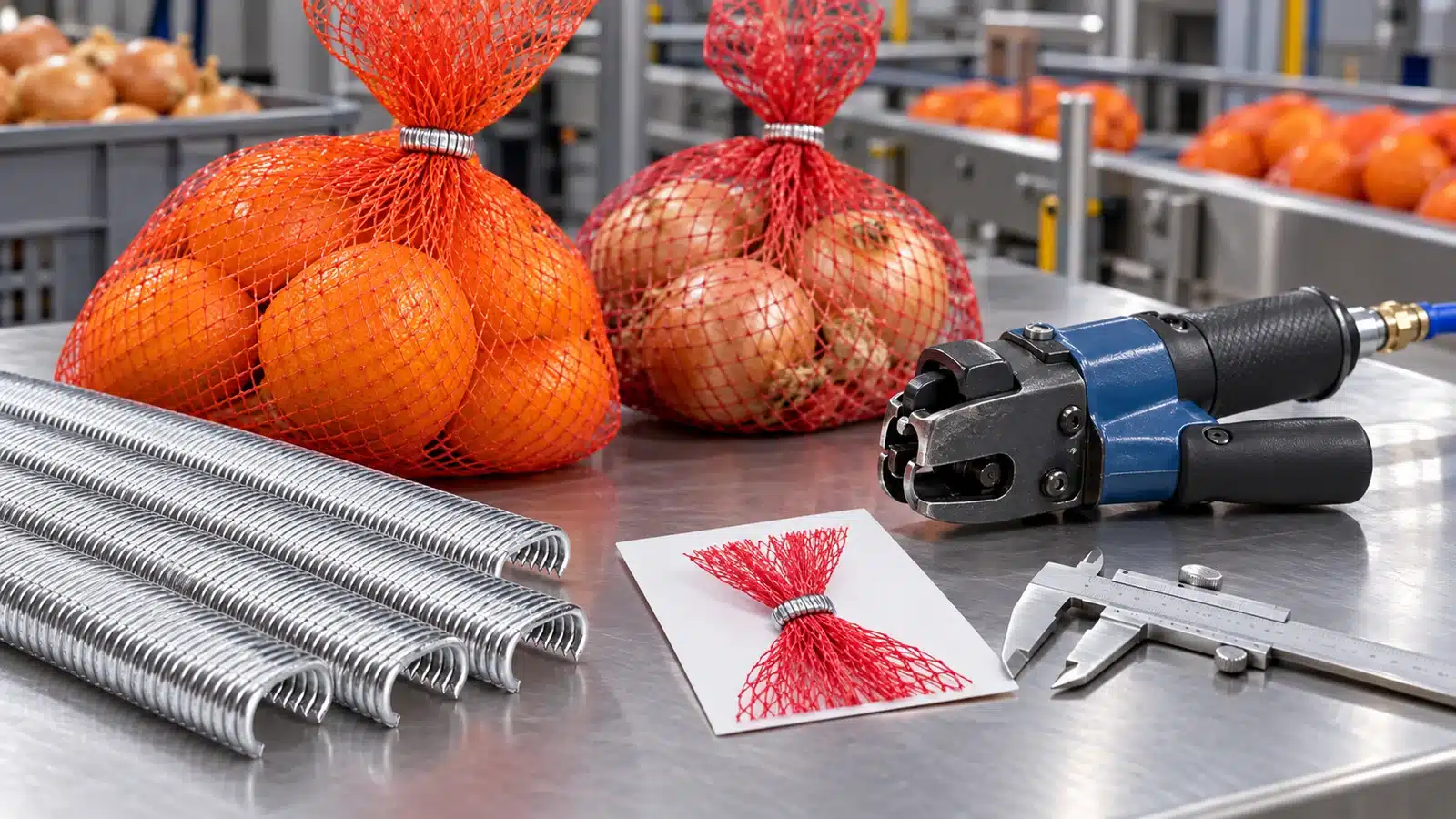 C hog ring trial for gathered produce mesh bags