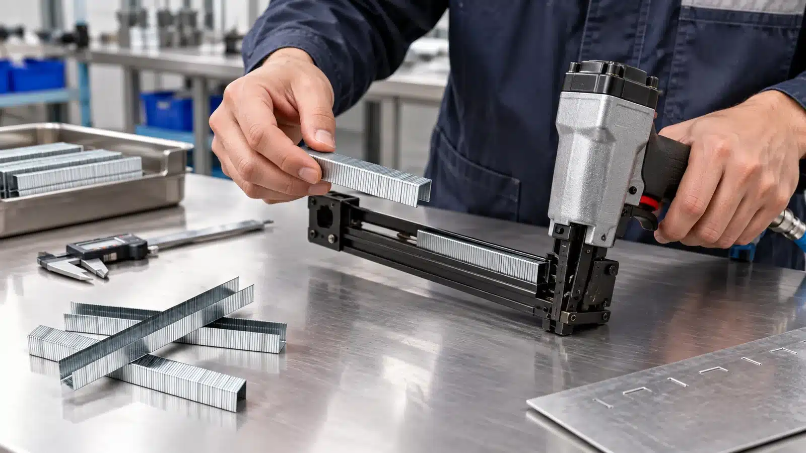 Technician checking an industrial staple strip in a pneumatic tool magazine