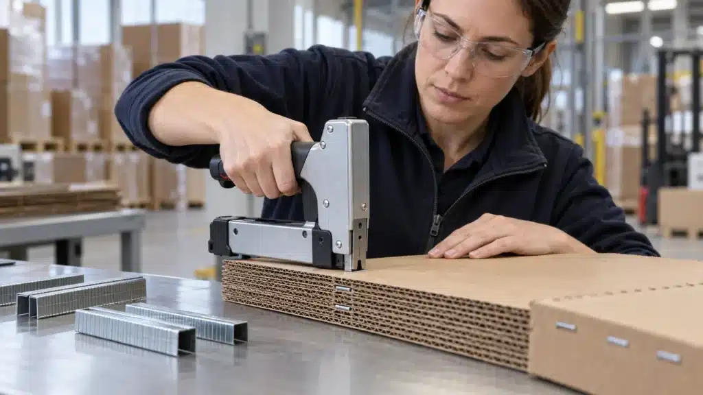 Industrial staple carton-closing trial on corrugated board