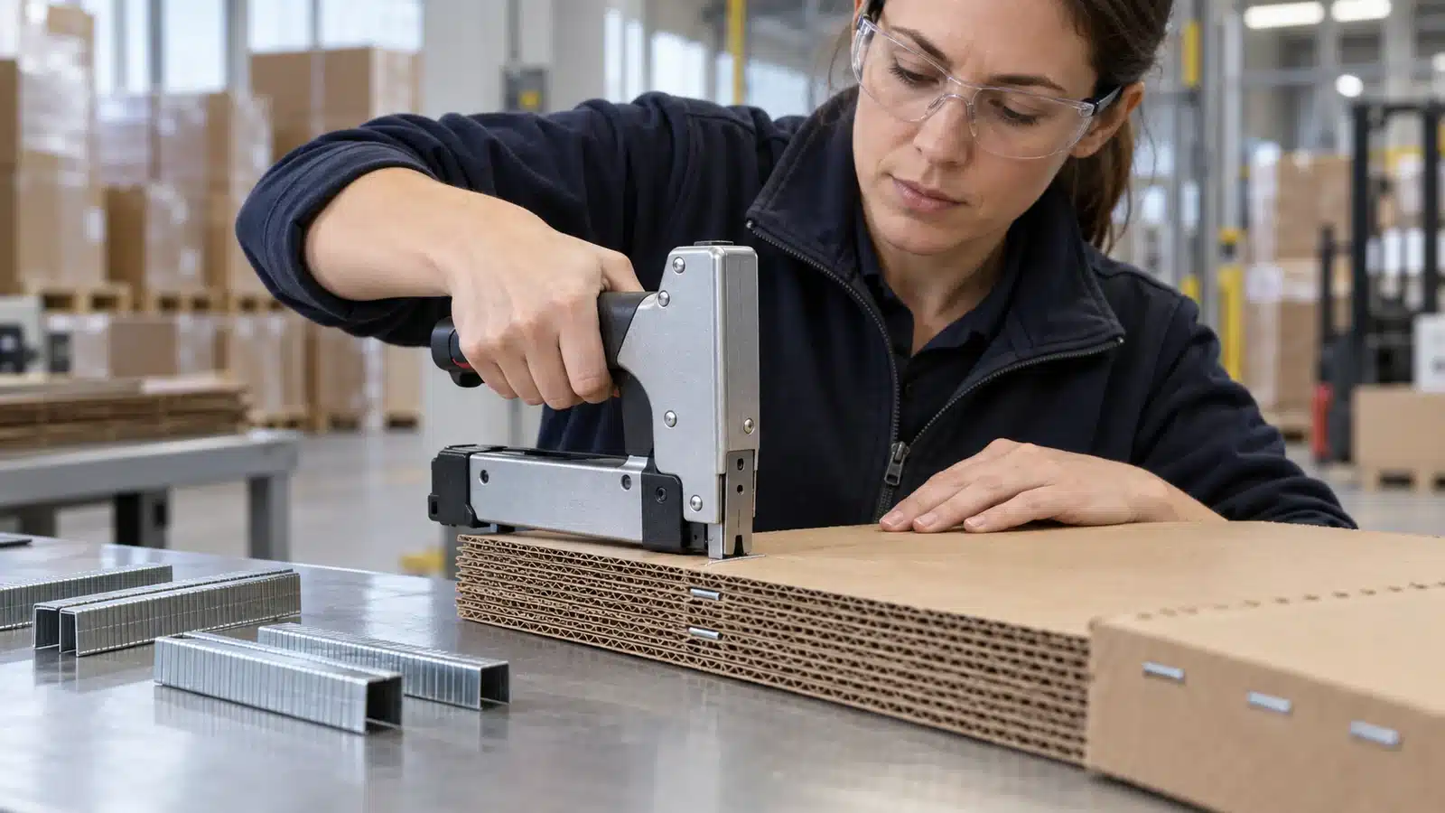 Industrial staple carton-closing trial on corrugated board
