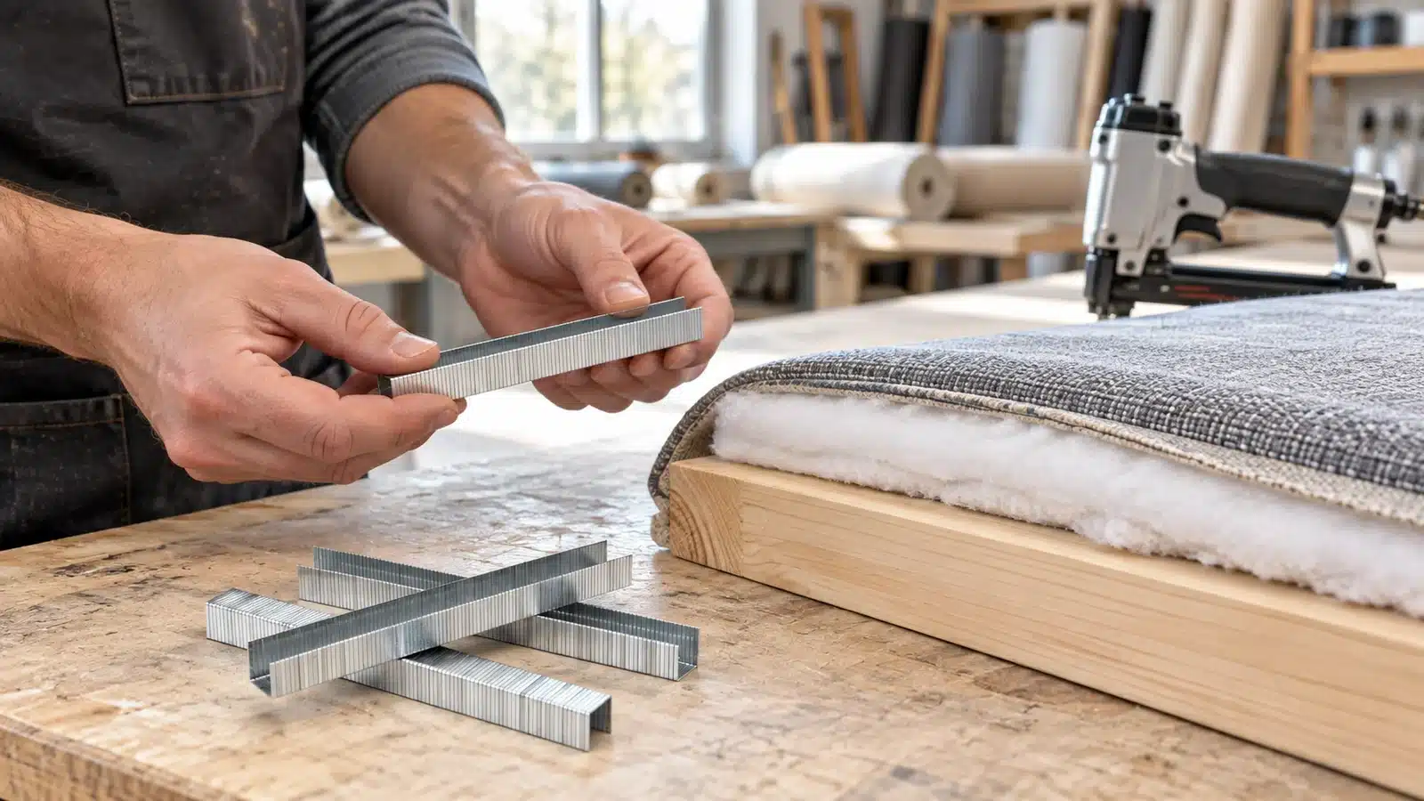 Technician comparing industrial staple strips with an upholstery material stack