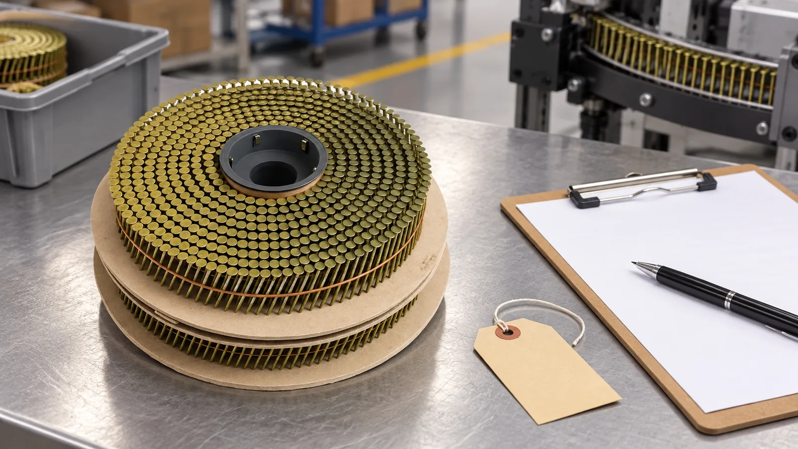 Jumbo coil nail paper reel being checked at a receiving inspection bench