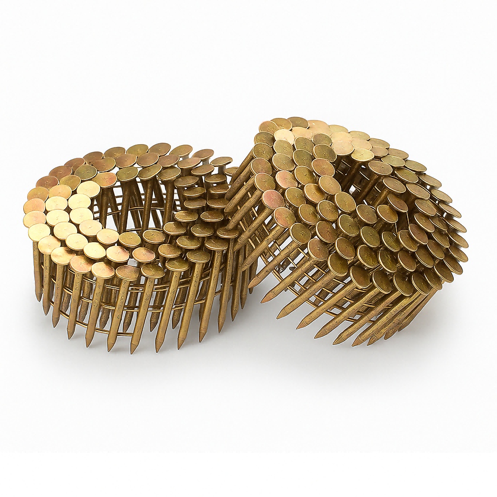 Large head coil nails designed for roofing, siding, and wooden pallet manufacturing with strong holding power and corrosion resistance.