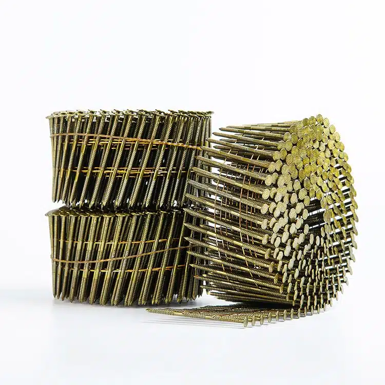 Ring shank coil nails built for extra holding power in pallet manufacturing, decking, and wood framing applications.