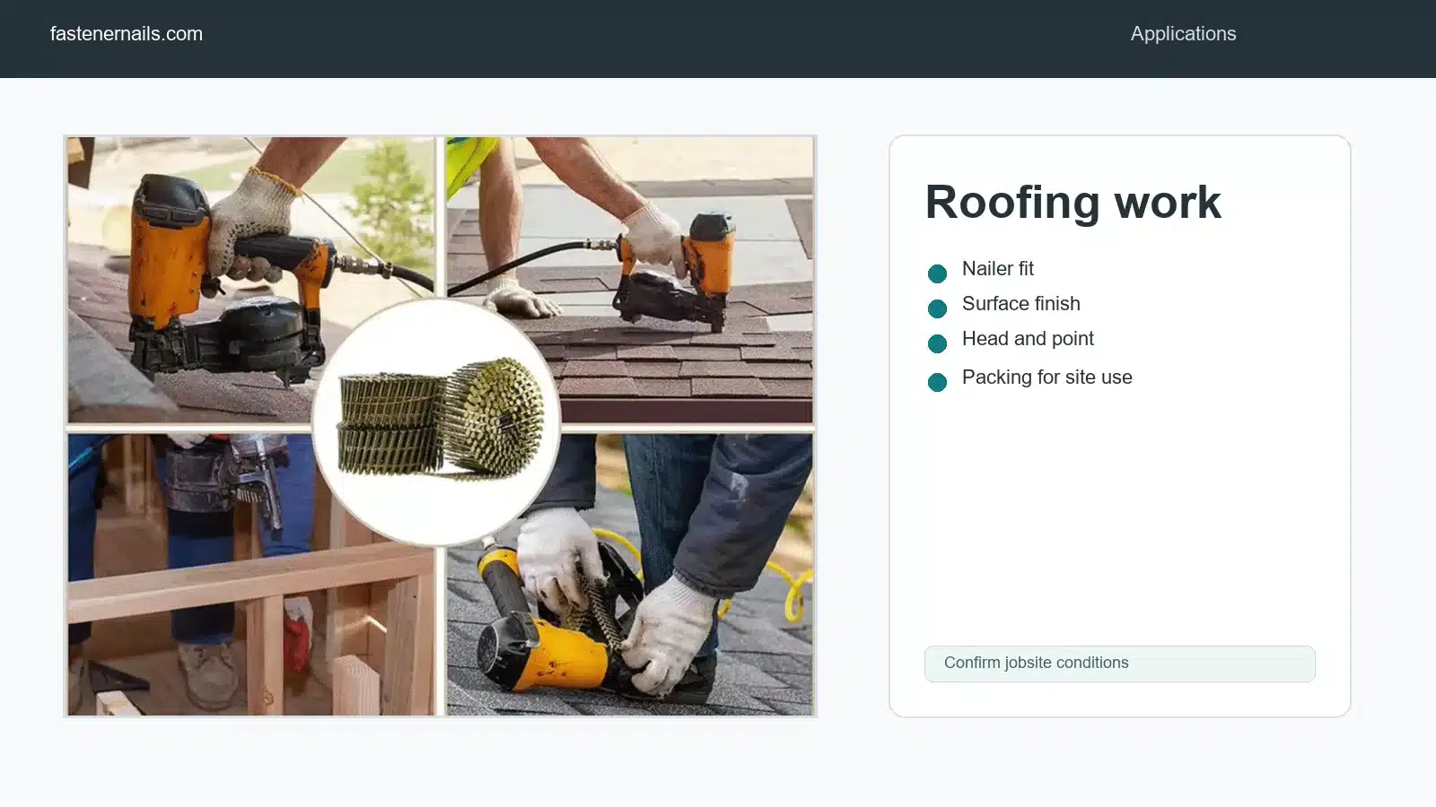 Roofing coil nail application check with nailer and boards