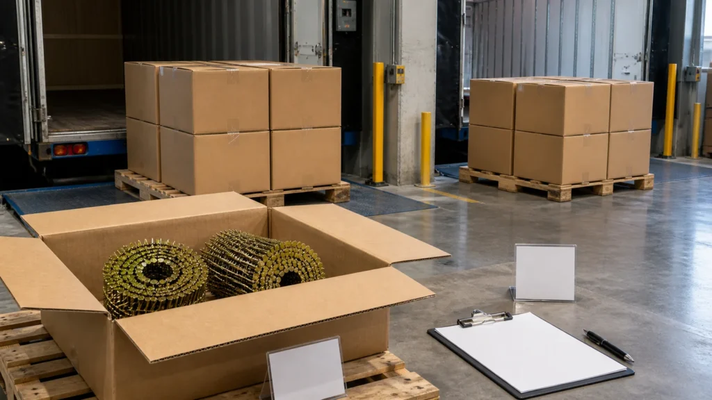 Warehouse receiving area with separated coil nail pallets and an open inspection carton